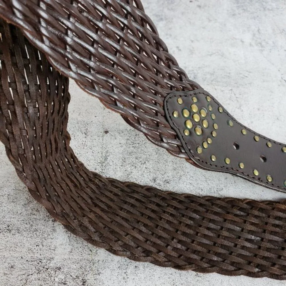 Vintage Bohemian Woven Braided Leather Wide Belt Brown size M